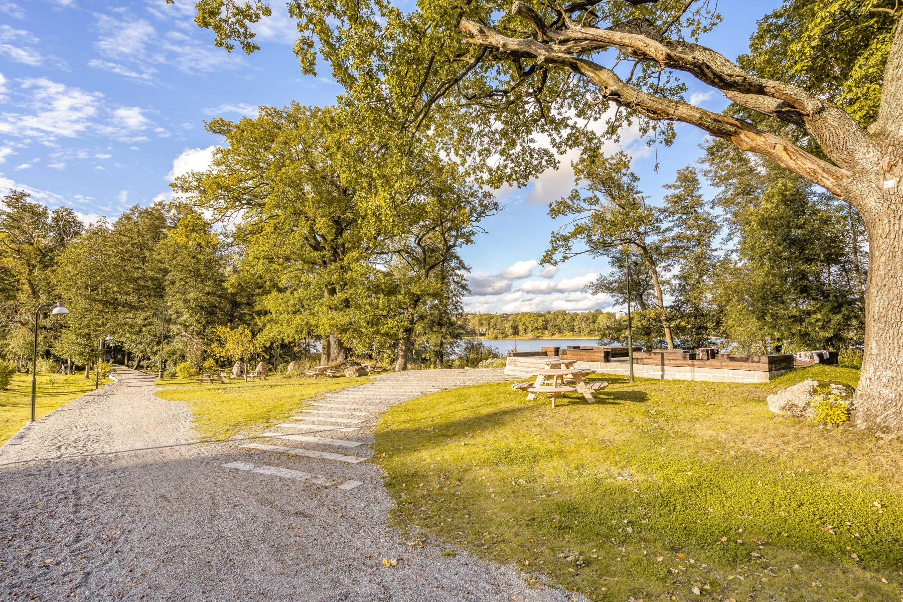Områdesbild sensommar. Promenadstig mot brygga.
