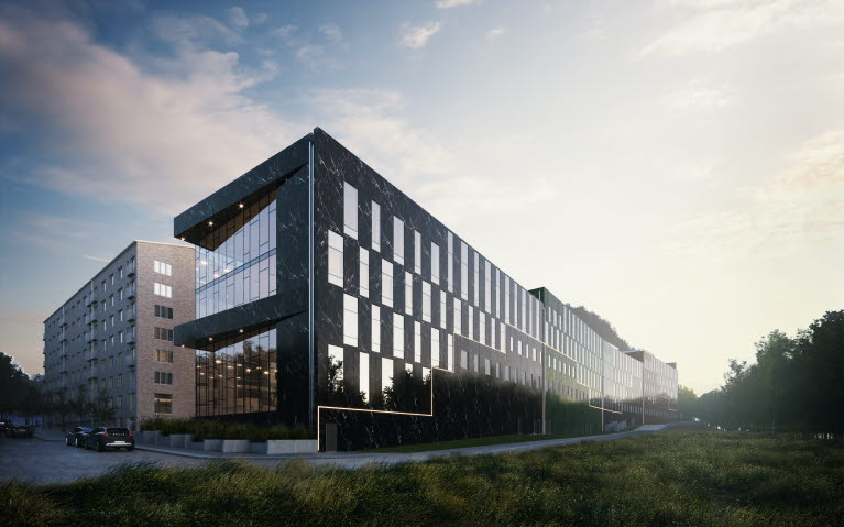 Visionsbild av kontorshuset i Kallebäck som visar en svart fasad med många och stora fönsterpartier och en ljusslinga som går i etapper längs fasaden..