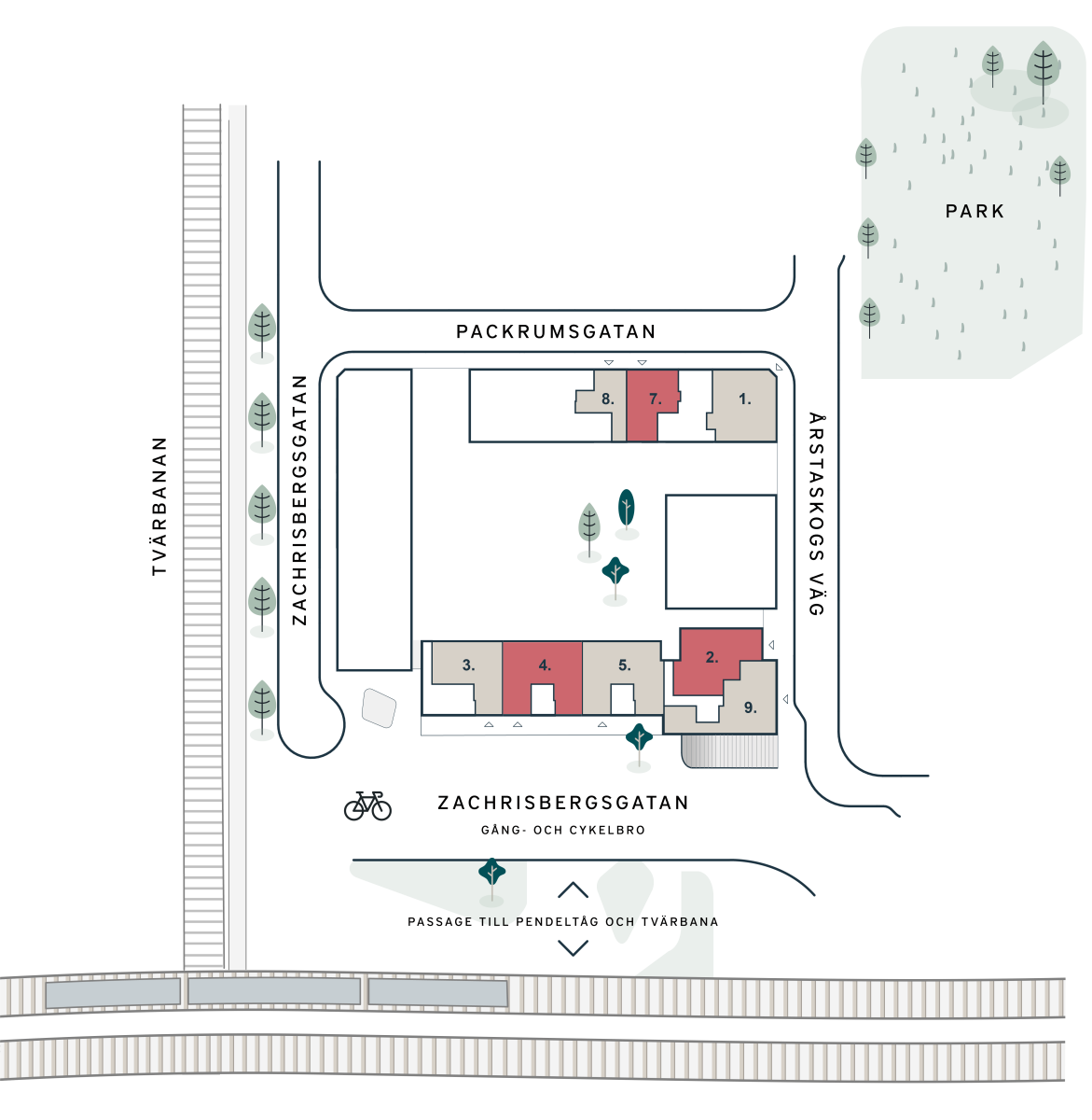 Översiktskarta på vilka lokaler som är lediga respektive uthyrda..