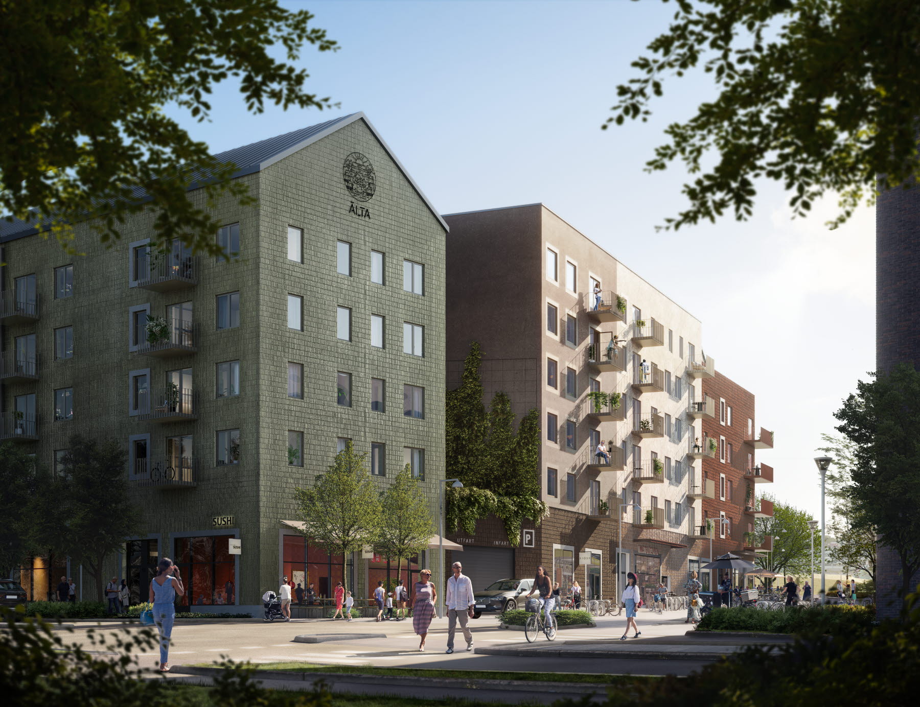 Visionsbild på Älta Torg som visar flerfamiljshus med 5 våningar och folkvimmel på gatan.