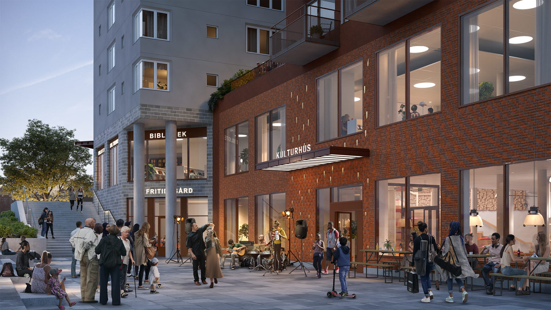 Visionsbild på Älta Torg, ett kulturhus med liveband som spelar utanför, människor som sitter på bänkar och människor som står upp och tittar på.