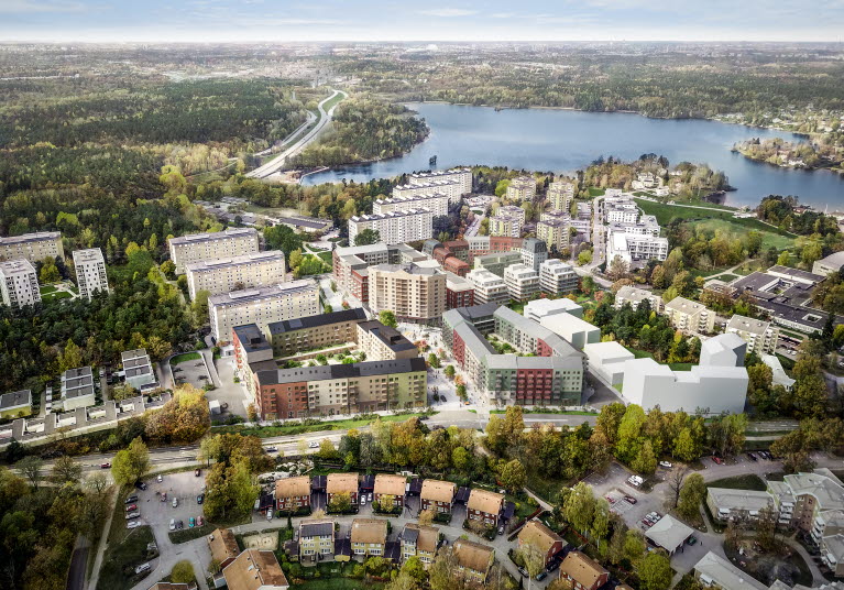 Översikt av stadsutvecklingsprojektet Mera Älta med bostäder, lokaler, mötesplatser kring kultur och handel.