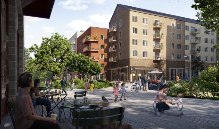 Visionsbild på Älta Torg som visar tre flerfamiljshus med 5 våningar, ett fik med uteservering och folkvimmel runt torget.