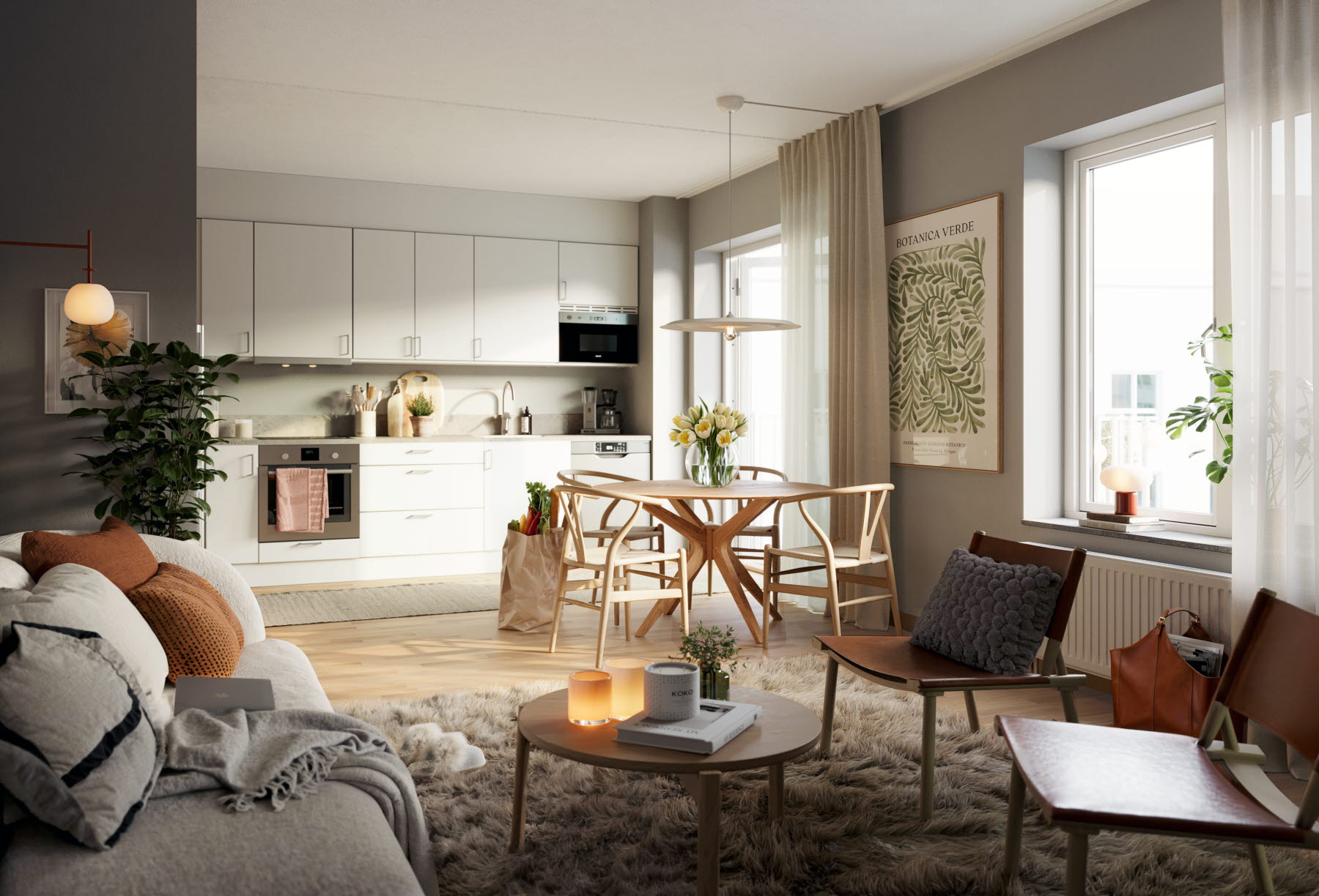 Interiör renderingsbild på lägenheten i Älta Torg kv 1
