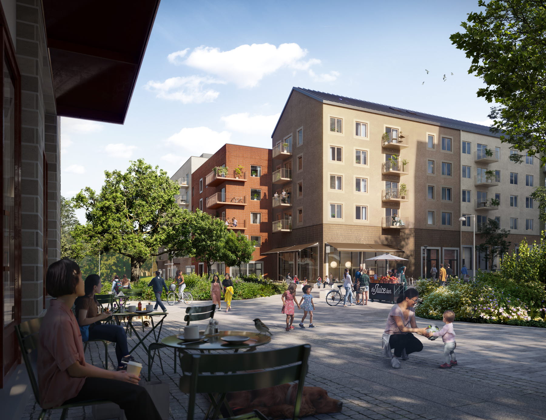 Visionsbild på Älta Torg som visar flerfamiljshus med 5 våningar, ett fik med uteservering och folkvimmel runt torget.