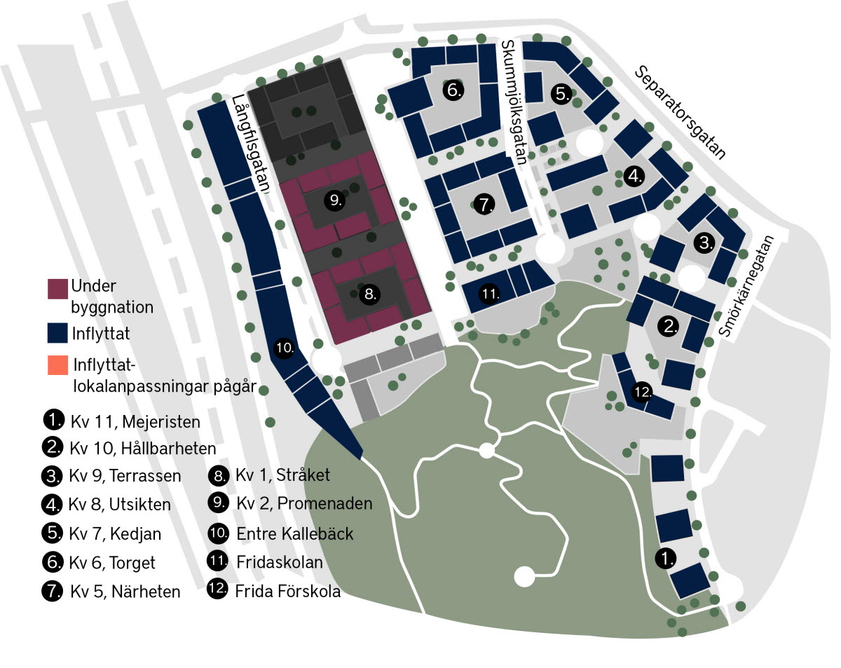 karta på området ovanifrån som visar vad som är klart och vad som är under  byggnation