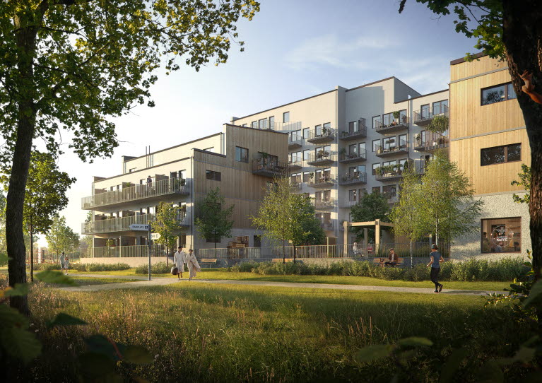 Exteriör visionsbild på projektet Ädellövet som visar hus med 3 till 5 våningar, ett par som går i sina morgonrockar påväg mot badbryggan samt en som träningsklädd tjej som joggar.