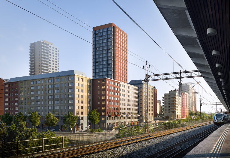 Visionsbild av projekt Årstaberg. Sett från pendelstationens perrong.